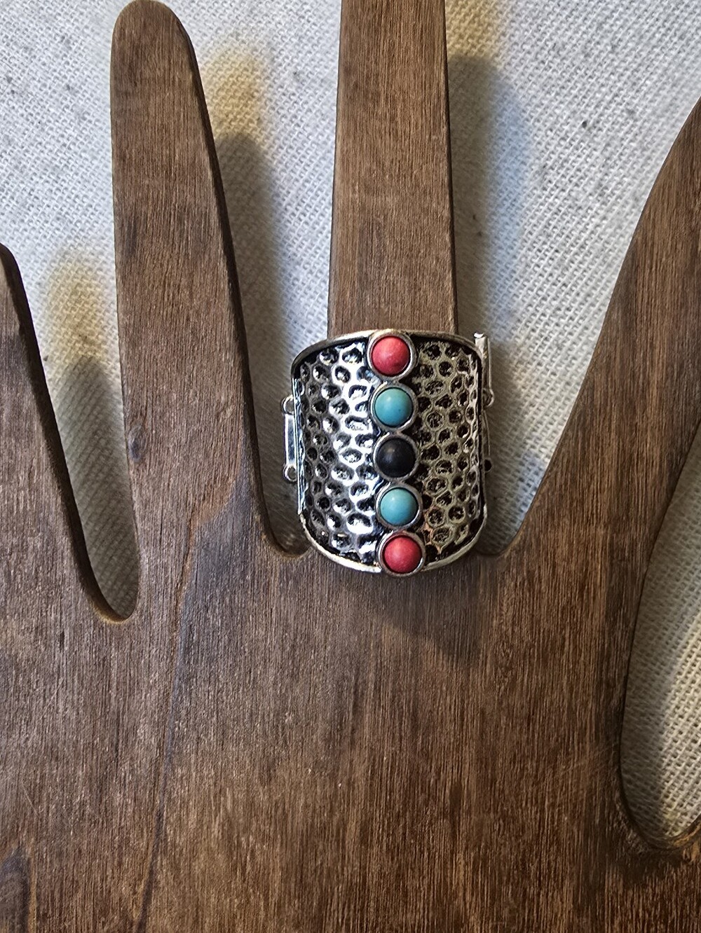 Boho Silver Statement Ring with Turquoise and Coral Stones